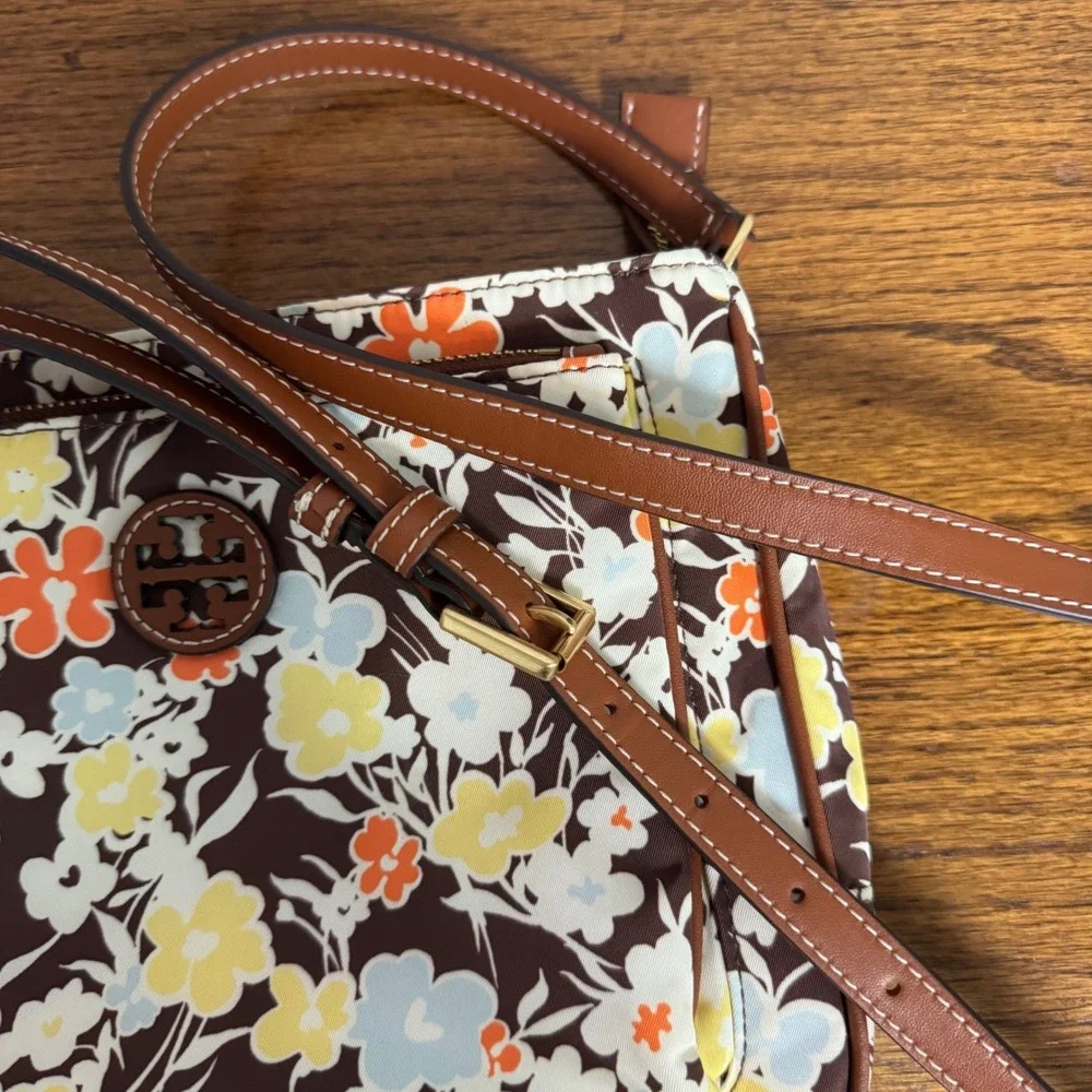 Tory Burch Womens Floral Nylon Crossbody Bag Brown Yellow Blue Boho